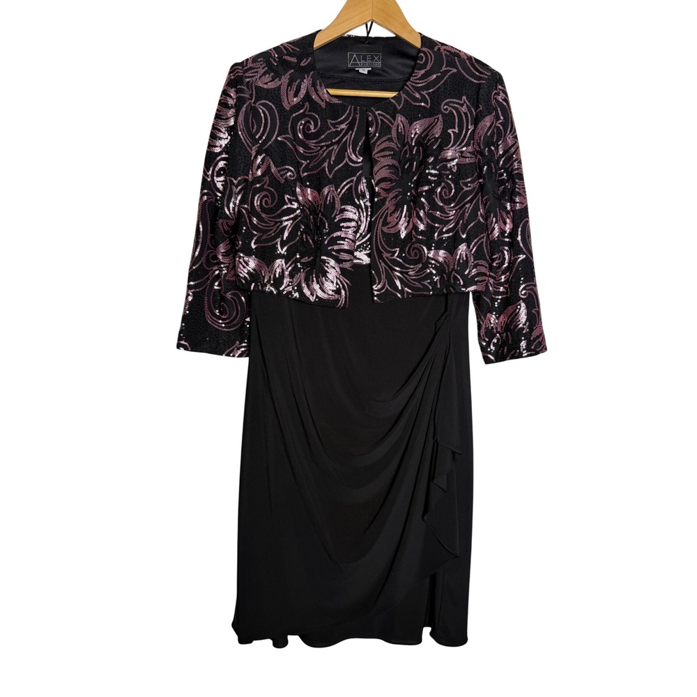 Alex Evenings Dress Set Womens 14 2PCSET Black Pink Sequin Floral EUC
